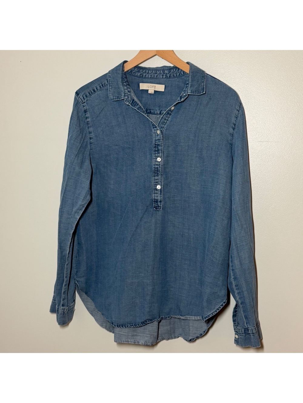 LOFT Women’s Large Chambray Lyocell Linen Blend Popover Tunic Shirt
